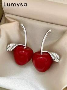 1 Pair Luxury Red Resin Asymmetrical Cherry Stud Earrings, Suitable For Women's Holiday Party Wear - Silver + Burgundy - View 1