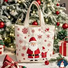 3pcs Christmas Santa Claus Gift Christmas Eve Apple Canvas Tote Bag, Christmas Gift Bag, Gift Storage Bag - Multicolor - View 9