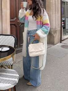 Just Masa Women's Fall Casual Colorblock Simple Basic Sweater Cardigan With Pockets,Long Sleeve Loose Rib-Knit Long Coat,For Daily Wear,Going Out - White - View 5
