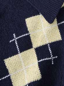 Women's Fall/Winter Y2K Diamond-Knit Short Pullover Sweater, Color-Block Pattern, For Daily Commute, Street, School, Halloween, Christmas. - Black - View 9