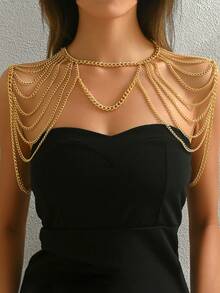 1pc Fashionable European & American New Metal Shoulder Chain Sexy Hollow Body Chain Accessory For Women - Gold - View 1