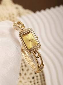 1pc Luxury Gold Square Dial Women's Bracelet Watch, Rhinestone Bezel, Gold Hollow Strap, Vintage Elegant, Versatile Commuter Quartz Women's Watch - Gold - View 1