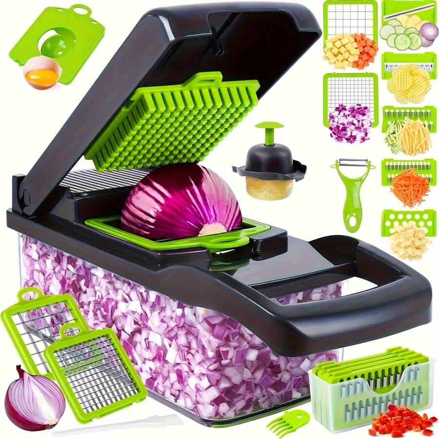 16-In-1 Multi-Function Vegetable Slicer Set - Manual Food Slicer With Container, Strainer Basket And Hand Guard - Perfect For Slicing Potatoes, Onions, Carrots, Garlic - No Electricity Needed, Green And Black, Vegetable Slicer
