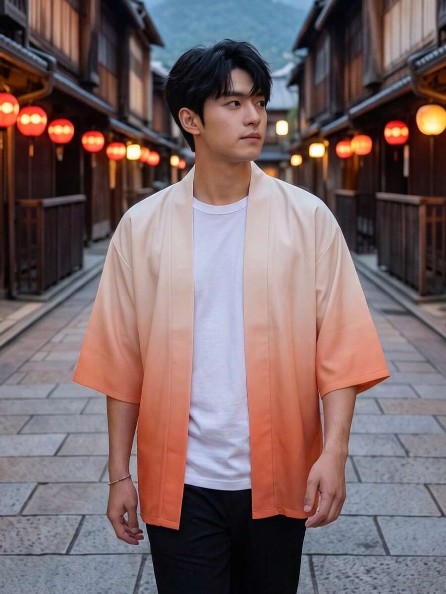 男士復古漸層日式和服印花開襟衫襯衫 100% 聚酯纖維輕量寬鬆無領設計 春夏秋防曬披肩 - 橘色 - 查看 1
