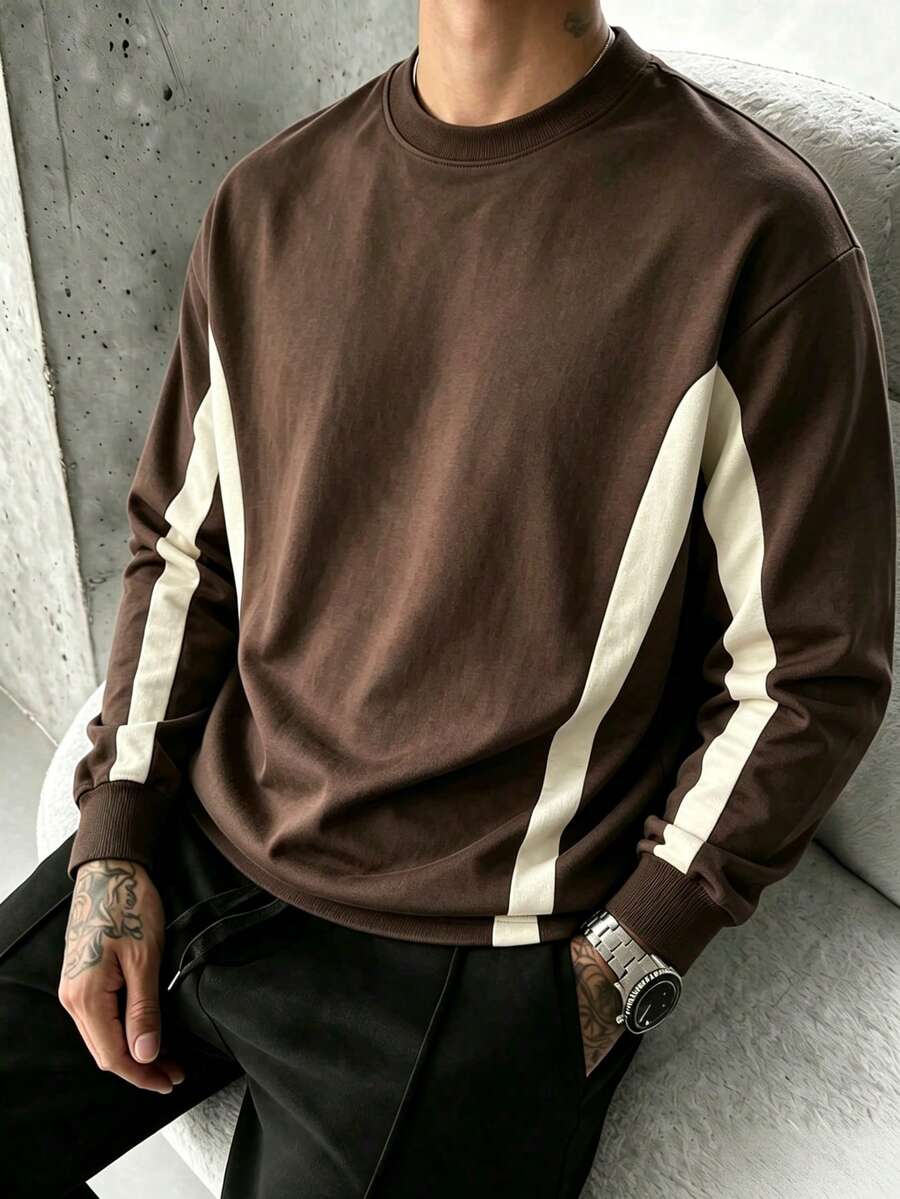 Men's Loose Fit Crew Neck Sweatshirt, Soft And Comfortable Casual Pullover, Suitable For Daily Wear - Brown - View 1