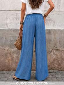 Women's Plus Size Straight Leg Pants, Drawstring Waist With Pockets, Non-Stretch Fabric, Casual And Comfortable - Blue - View 3