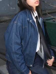Women's Vintage Casual Regular Fit Denim Jacket With Pockets, Zipper And Turn-Down Collar - Dark Wash - View 7