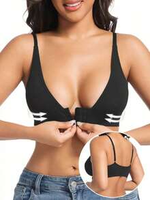 1pc Front Closure Seamless Quick Dry Machine Washable No Padding Sexy Lingerie, Suitable For Spring Summer Autumn Outerwear Women's Bra - Black - View 2