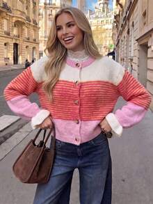 Women's Pink Striped Long Sleeve Cardigan Sweater, Button Front, Comfortable & Fashionable, Regular Length Knitwear - Multicolor - View 2