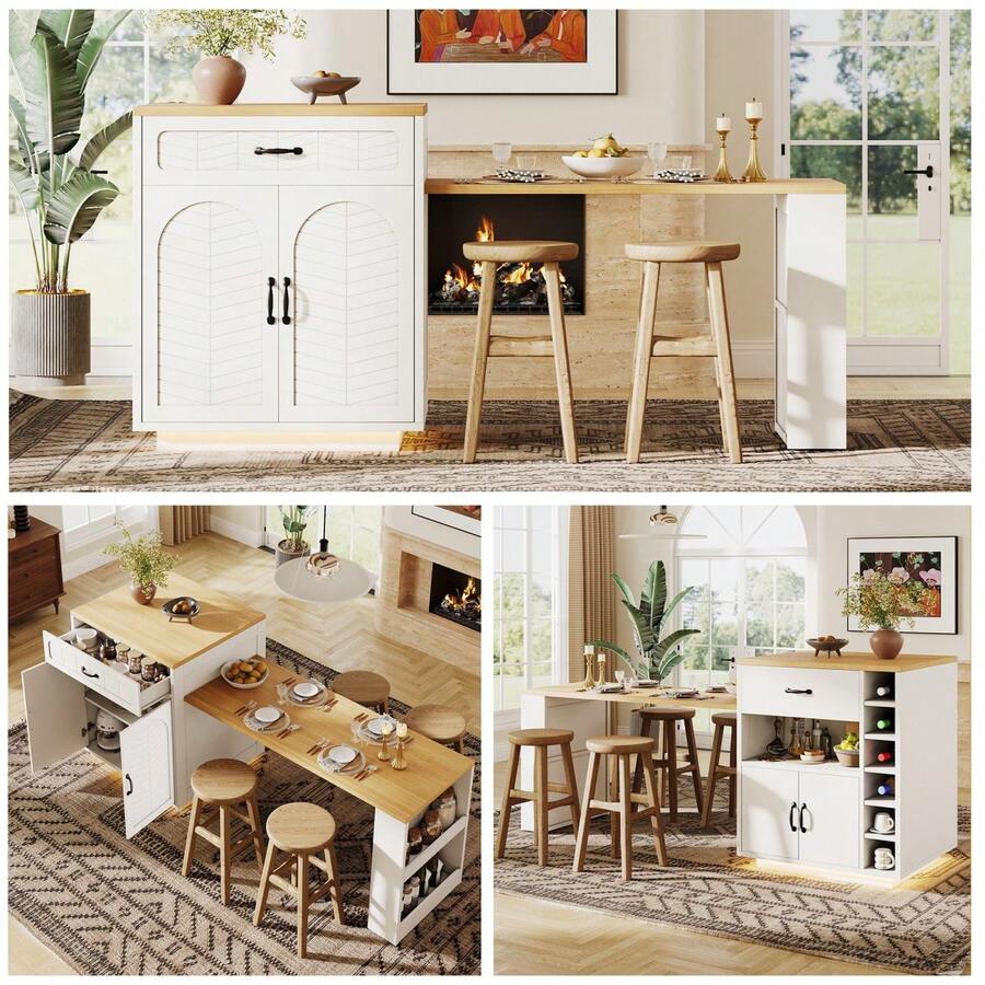 Extendable Kitchen Island With Dining Table, Multifunctional Storage Cabinet With Drawers,, Wine Rack, Kitchen & Dining Room - White + MDF - View 1