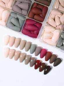 96pcs (4 Styles) Short Almond Shape Glossy & Matte Dual Color Combination, Burgundy Nails, Brown Nails, Apricot Nails, Grey Nails, Red Nails, Acrylic Material - Multicolor - View 3