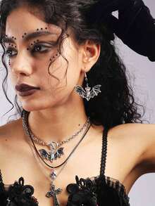 2pcs Vintage Gothic Black Beaded Bat Earrings For Women, Halloween - Black - View 2