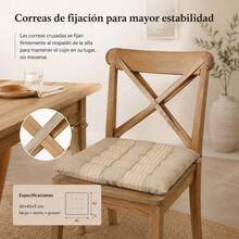 Padded Chair Cushion 40 X 40 Cm With Tie-On Straps, Polyester Seat Pad With Striped Pattern And Linen Texture For Dining Room And Garden, Grey And Beige - Khaki - View 2