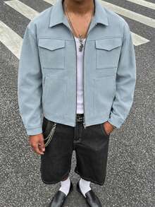 HOMIIE Men's Light Blue Faux Suede Short Zip-Up Jacket, Lapel Design, Multi-Pocket Flap, Loose Fit Vintage Streetwear Style - Dusty Blue - View 3