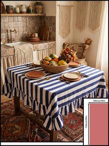 1pc Blue And White Wide Striped Tablecloth, Classic Country Style Fabric Material, Rectangular Double Layer With Ruffle Edge And Pleated Detail, Decorative And Functional For Home Kitchen, Dining Room And Daily Home Decor - Blue - View 18