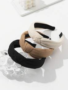 3pcs Solid Color Knitted Cotton Wide Headband With Cross Knot Design For Women - Multicolor - View 1