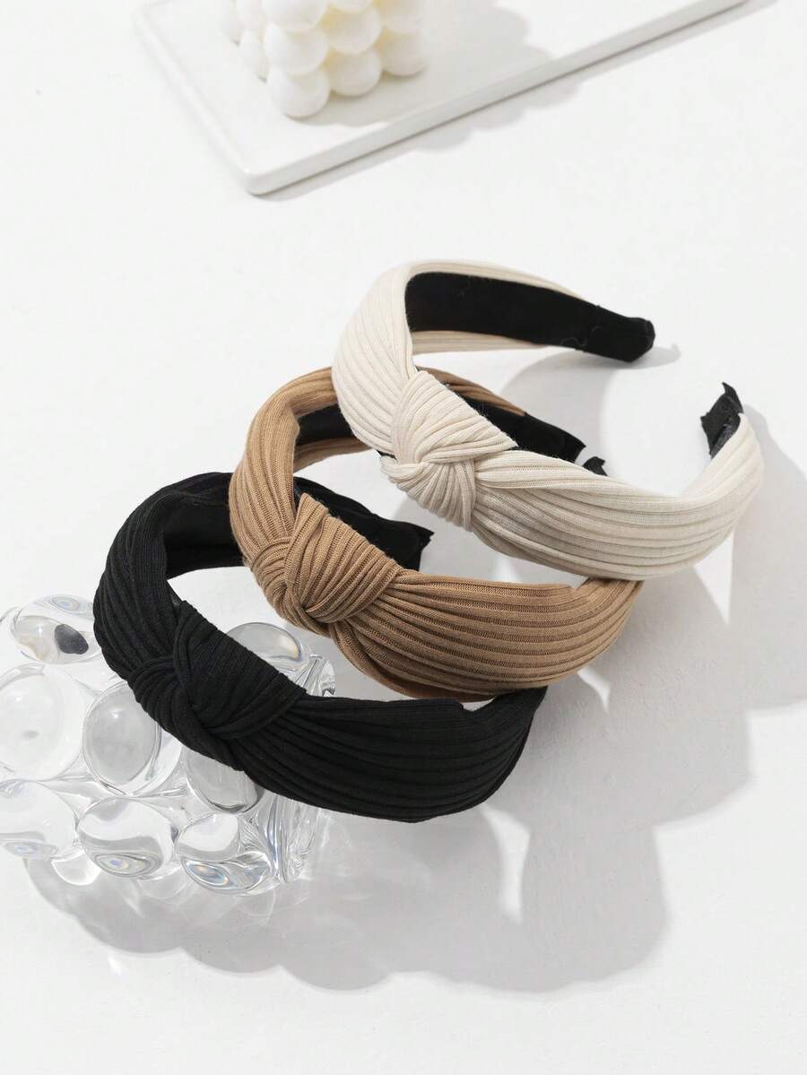 3pcs Solid Color Knitted Cotton Wide Headband With Cross Knot Design For Women - Multicolor - View 1