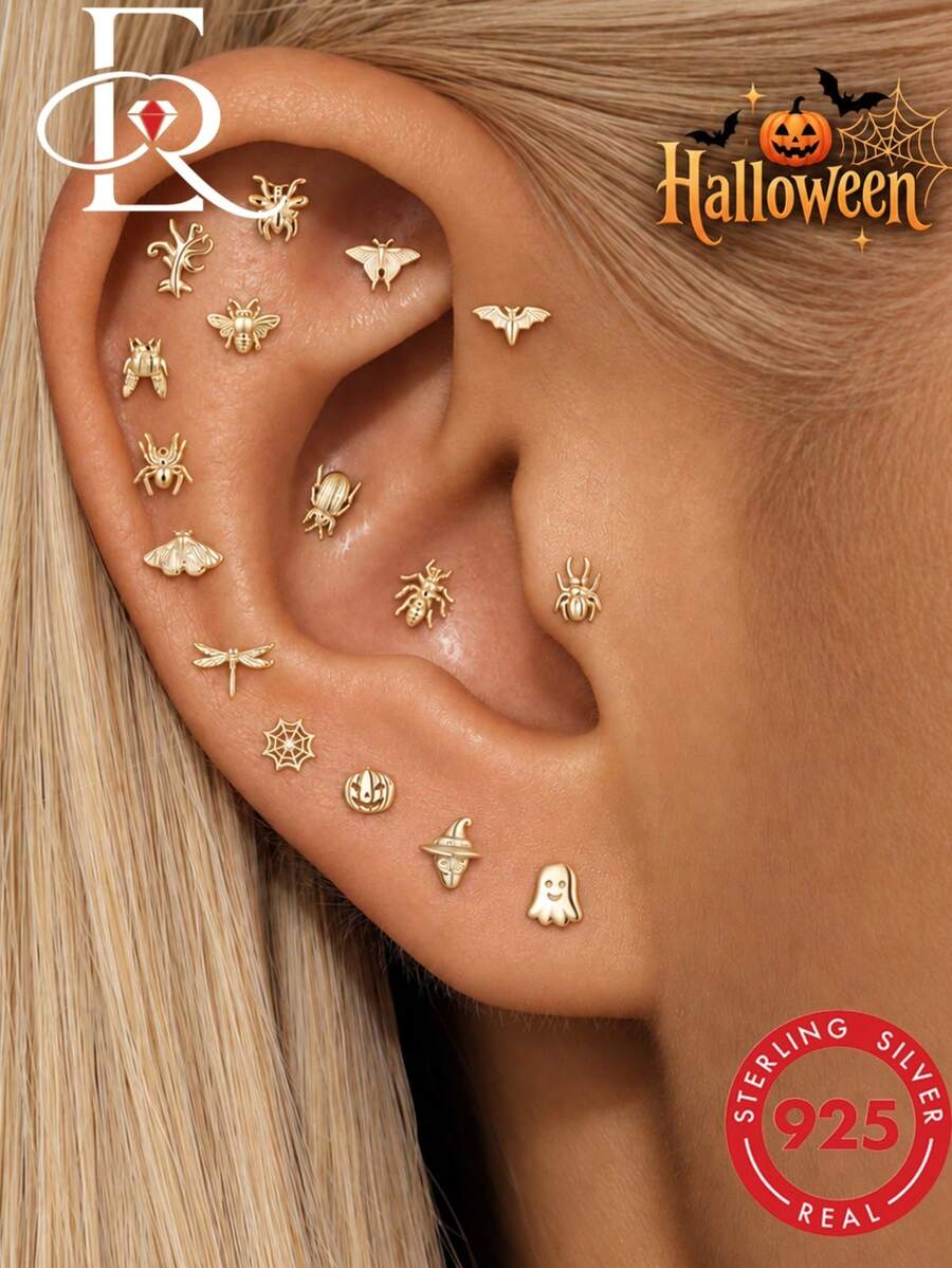 EleRunis 1pc 925 Sterling Silver Insect Halloween Pumpkin Bat Beetle Moth Flat Back Labret Stud Earring, Suitable For Earlobe, Ear Cartilage, Conch, Lip, Helix, Threaded Piercing Jewelry