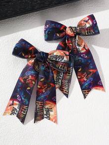 2pcs/12pcs Girls Halloween Multi-Color Printed Long Ribbon Bow Hair Clips Set, Cartoon Pumpkin Ghost Spider Pattern Hair Clips For Kids, Holiday Party Cosplay Costume Satin Ribbon Hair Accessories - Multicolor - View 10