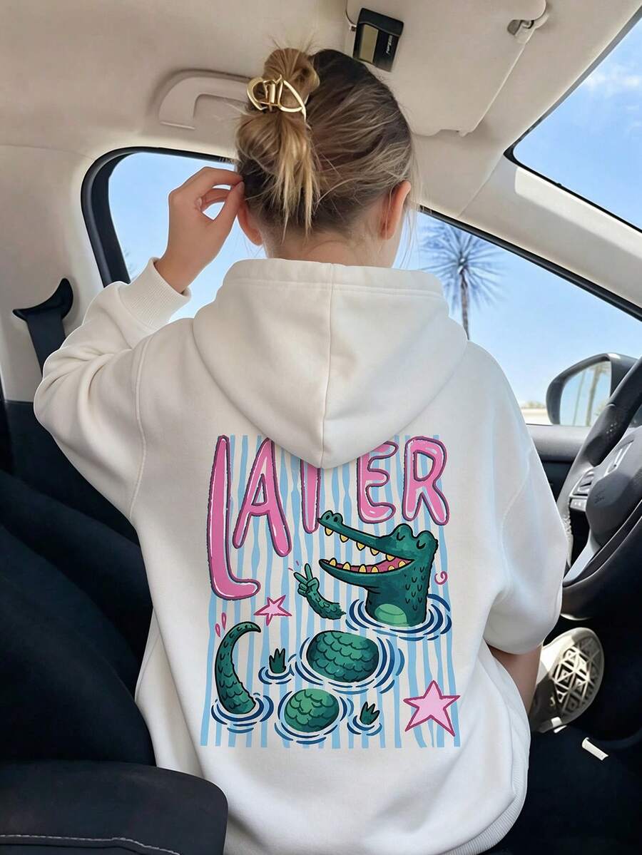Girls Cartoon Crocodile Back Print Hoodie, Casual Oversized Pullover - White - View 1