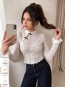 SUNSTORY Women's Autumn White New Chinese Style Frog Button Lace Short Fitted Long Sleeve Flared Top, Suitable For Dating, Party, Homecoming Dance, Daily Outfits - White - View 2