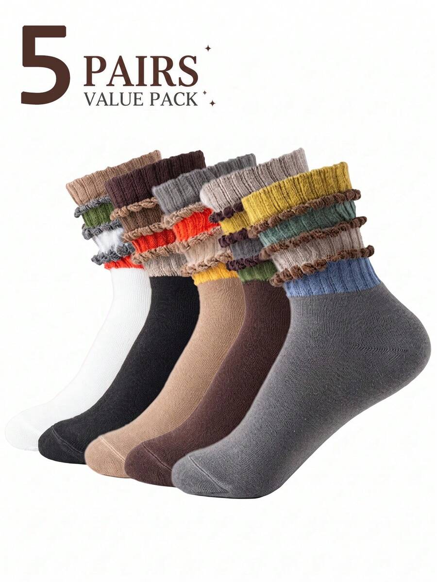 5 Pairs Women's 3D Striped Slouch Socks, Colorful Striped Pattern Mid-Calf Socks, Skin-Friendly Soft Breathable Skateboard Socks, Suitable For Daily Wear, Outdoor Sports, Commuting - Multicolor - View 1