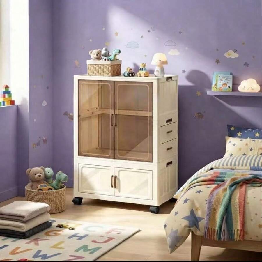 1-Piece Folding Wardrobe With Universal Wheels For Easy Movement, Transparent Dust Door Resistant To Moisture And Dust, Flexible Modular Combination, Suitable For Small Apartments - White - View 1