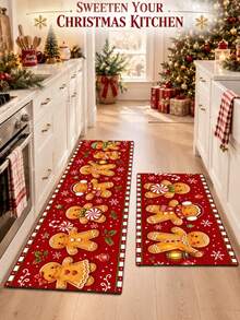 1/2pcs Christmas Kitchen Decor Rugs, Merry Christmas Gingerbread Man Design, Winter Kitchen Carpets And Mats, Non-Slip Washable Absorbent Kitchen Accessories Decorative Floor Mat, Christmas Holiday Gift! - Multicolor - View 2