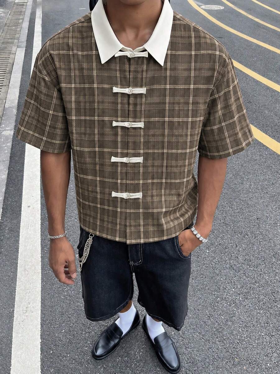 HOMIIE Men Button Up Shirt, Khaki Plaid Short Sleeve, Contrast White Collar, Frog Buttons, Loose Streetwear Top For Spring Summer, Halloween Easter - Khaki - View 1