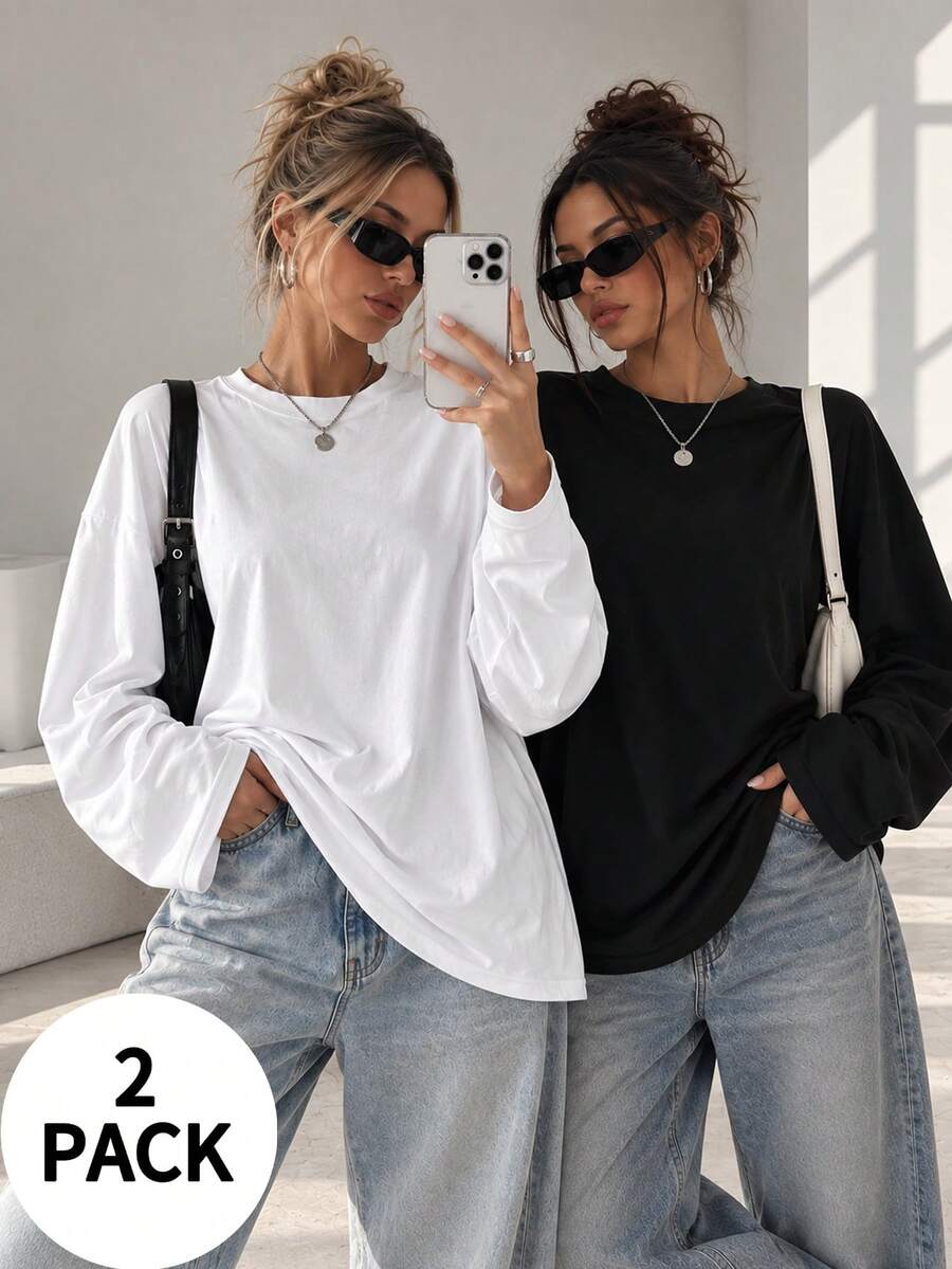 2 Pack Kaos Wanita Oversized Lengan Panjang, Polos Kerah Bulat Bahu Turun Potongan Longgar Kasual Basic, Atasan Harian untuk Musim Semi Gugur dan Dingin - MultiWarna - View 1