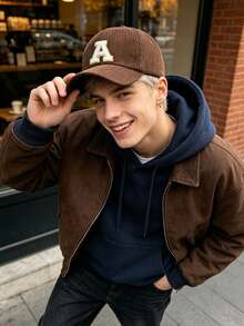 1 Pc A-Z Letter Embroidery Corduroy Dad Hat, Soft Vertical Rib Curved Brim Adjustable Casual Baseball Cap - Brown - View 2