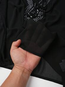 2026 New Luxury Resort Style Rhinestone Decor V-Neck Long Sleeve Sexy Sheer Blouse For Women Black Fall - Black - View 9