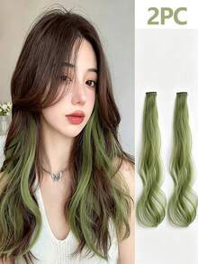 1pc Women Green Highlighted Hair Extension Piece, Invisible Realistic Long Airy Hair Extensions, Invisible Realistic Long...Hair Strands, Trimmable Length - Green - View 14