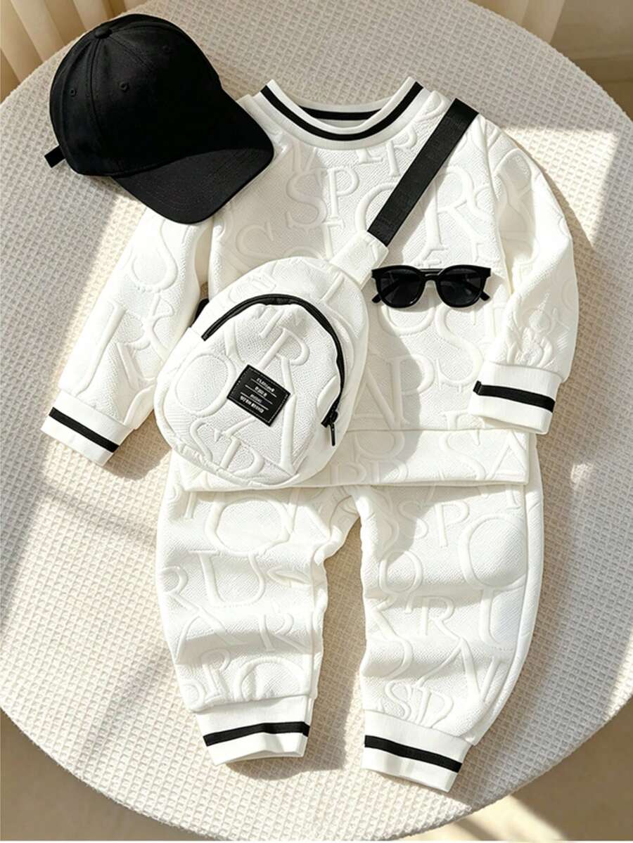 3pcs Set Baby Boy Knit Letter Jacquard Ribbed Crew Neck Long Sleeve Sweatshirt, Pants And Backpack, Autumn Winter Clothing - White - View 1