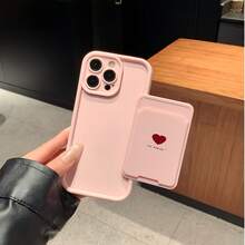 2pcs Set: Pink Self-Adhesive Card Holder Phone Case With Card Slot And Card Holder, Minimalist Heart Design TPU Anti-Drop Full Coverage Protective Case Compatible With Apple 11/12/13/14/15/16/16Pro/16ProMax/17/17pro/17ProMax/18pro/18ProMax - Multicolor - View 3