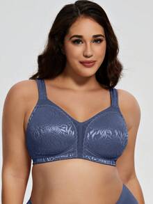 Deyllo Plus Size Women Shaping Bra, Full Coverage, Wireless, Unpadded, Wide Straps, Lace Trim, Effectively Minimizes Bust, Soft & Comfortable, Suitable For Daily Wear - Navy Blue - View 1