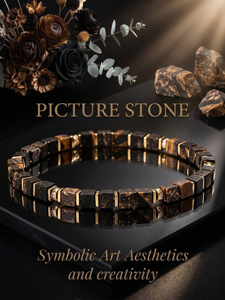 Vintage Style Picture Stone 5mm Square Bead Bracelet, Symbolizing Artistic Aesthetics & Creativity, Handmade Natural Stone Hypoallergenic Jewelry, Suitable For Wearing During Creative Work - Multicolor - View 1