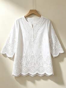 Fashionable Lace V-Neck 3/4 Sleeve Blouse, Spring/Summer New Arrival White - White - View 1