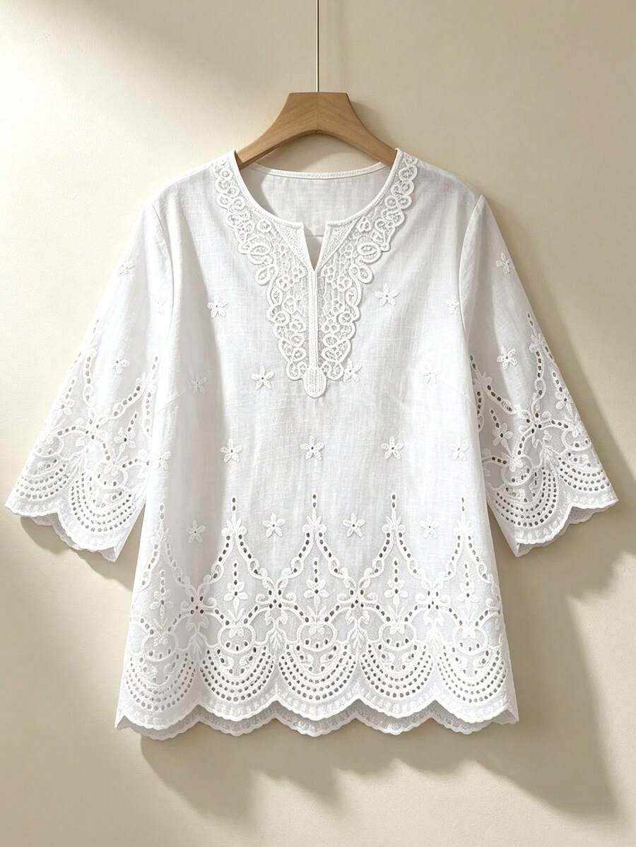 Fashionable Lace V-Neck 3/4 Sleeve Blouse, Spring/Summer New Arrival White - White - View 1