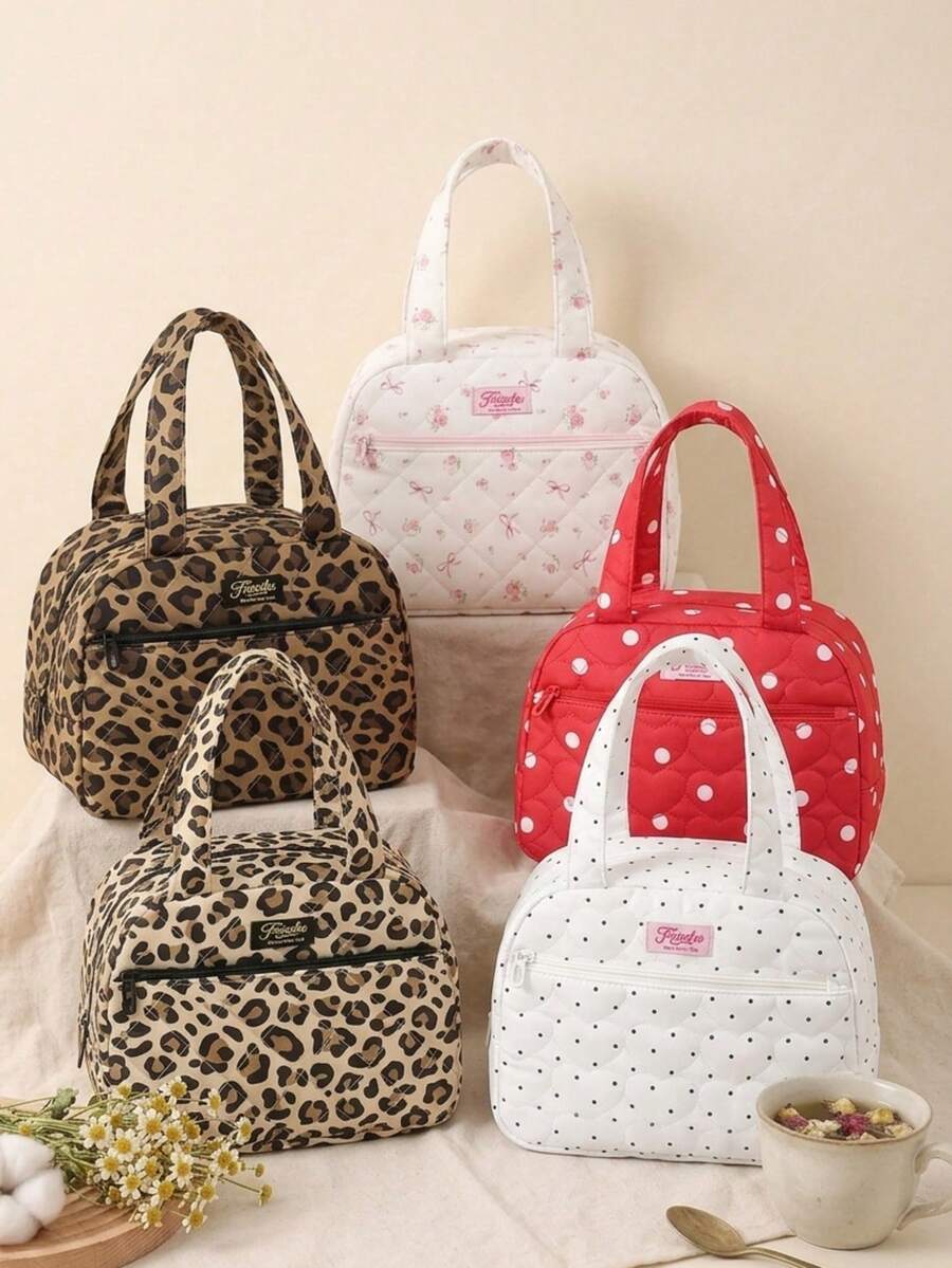 8L大容量保溫便當包，便攜可愛雙口袋保冷袋，愛心絎縫蝴蝶結印花，防水保溫便當盒，適合女性、學生、教師、上班族，適用於野餐、工作、辦公室、旅行、露營、開學