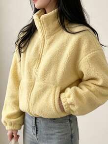 女款秋冬優雅拉鍊抓絨短夾克，時尚純色泰迪夾克，休閒戶外健身穿搭，寬鬆版型派對造型 - 黃色 - 查看 4