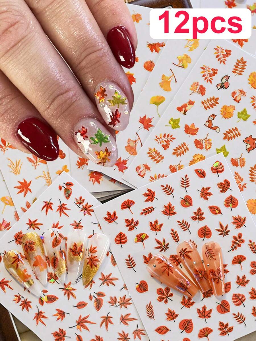 12Pcs Mixed Autumn Holographic Maple Leaf Nail Stickers, Fall Leaves, Cute Fox Pattern Self-Adhesive Nail Decals, Thanksgiving Season Nail Art Decorations For DIY DIY Manicure And Nail Salon