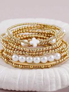11pcs/Set Fashion CCB Faux Pearl Bracelet Set, Cross Decor Layered Bracelets, Women's Daily, Vacation, Date, Music Festival Party Accessories, Bohemian Style - Gold - View 8