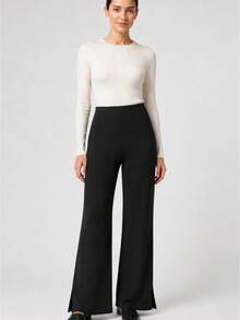 Women's Black High-Waisted Side Slit Flared Shaping Pant - Black - View 3