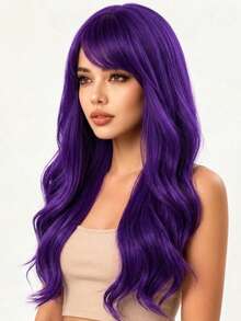 Peruca de Cabelo Encaracolado com Franja Ondulada de 28 Polegadas, Elegante e Fashion para Festa, Estilo Elegante, Natural e Versátil, Adequada para Uso Diário e Festa de Baile de Todas as Mulheres - Roxo escuro - Visão 3