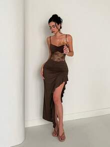 Women's Lace Splicing Sexy Spaghetti Strap Long Dress Ruffle High Slit Evening Gown Elegant Party Banquet Dress,Brown - Brown - View 6