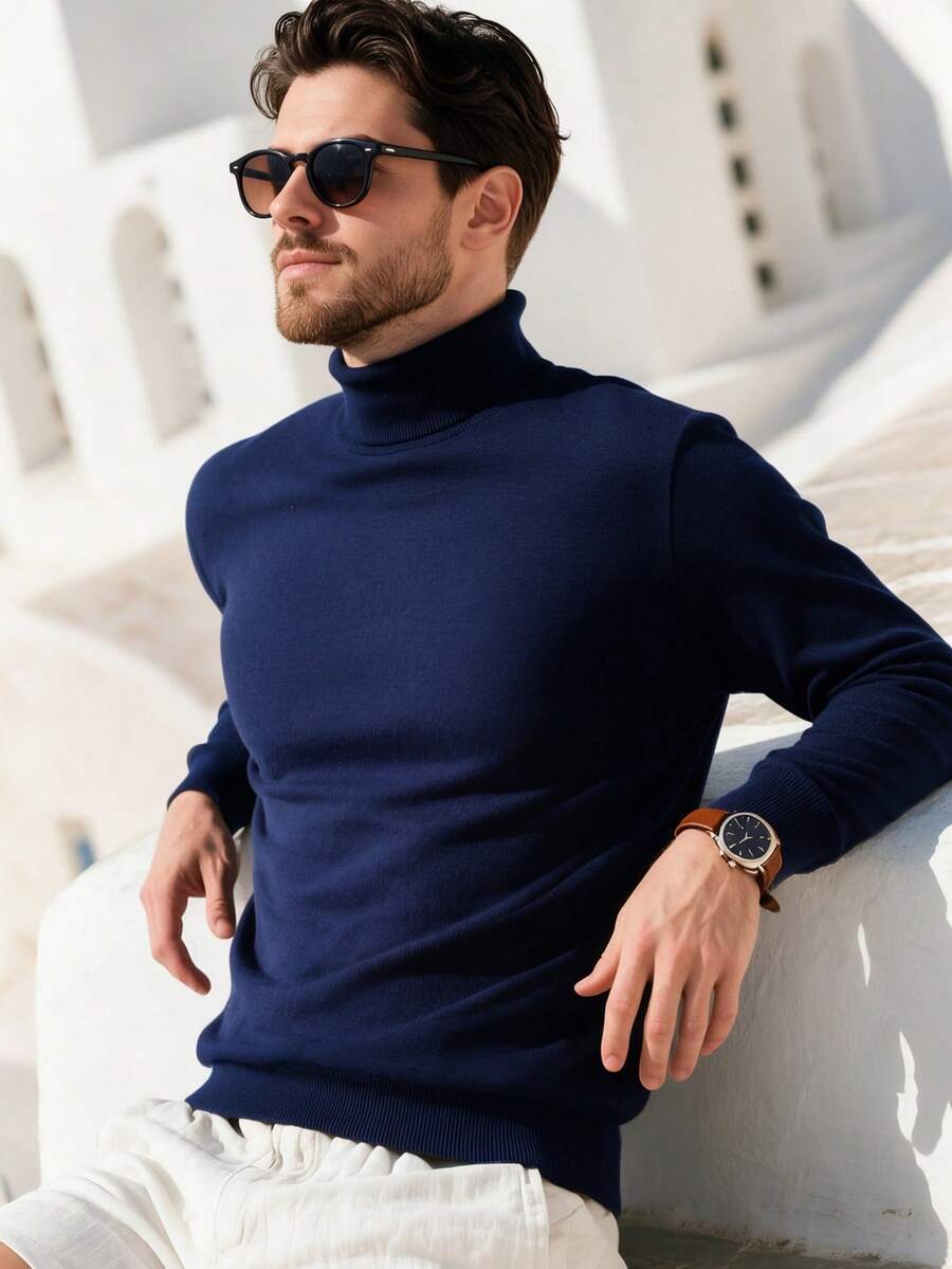 ALTZTAR Men's Solid Color Casual Pullover Thin Turtleneck Long Sleeve Sweater, Autumn/Winter - Navy Blue - View 1