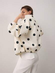 Women's Long Sleeve Stand Collar Polka Dot Flight Jacket - White - View 2