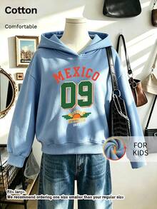Kids Hooded Sweatshirt, Mexico 09 Sun Wing Letter Graphic Print Thick Fleece Lined Pullover For Kids - Blue - View 1