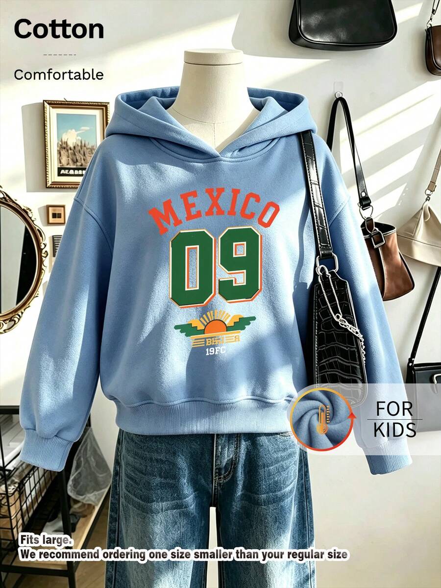 Kids Hooded Sweatshirt, Mexico 09 Sun Wing Letter Graphic Print Thick Fleece Lined Pullover For Kids - Blue - View 1